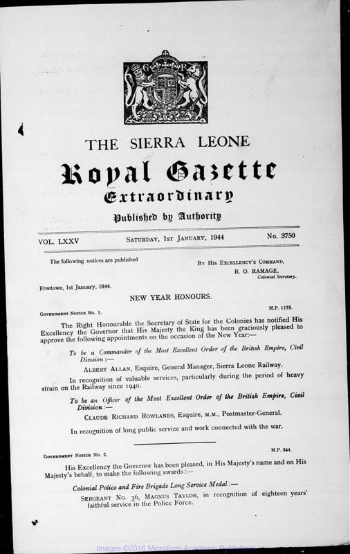View document: Sierra Leone Gazette with Supplements, 1944.
