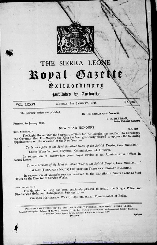 View document: Sierra Leone Gazette with Supplements, 1945.