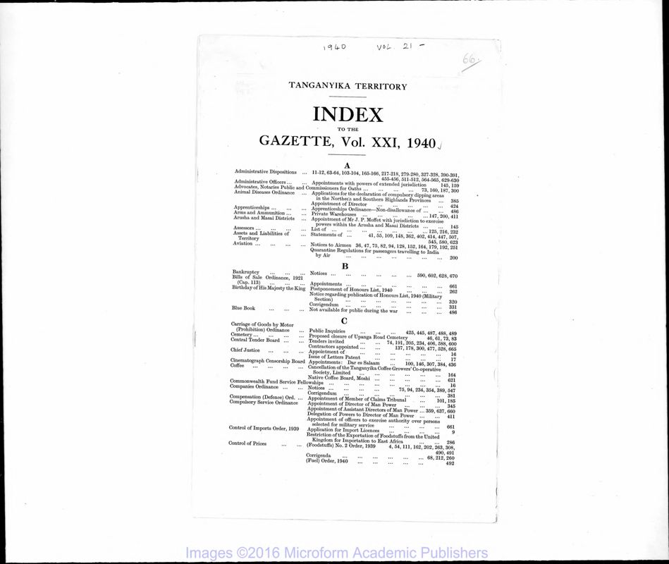 View document: Tanzania (Tanganyika) Gazette, 1940.