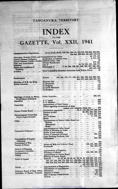 View document: Tanzania (Tanganyika) Gazette, 1941 with Supplements.
