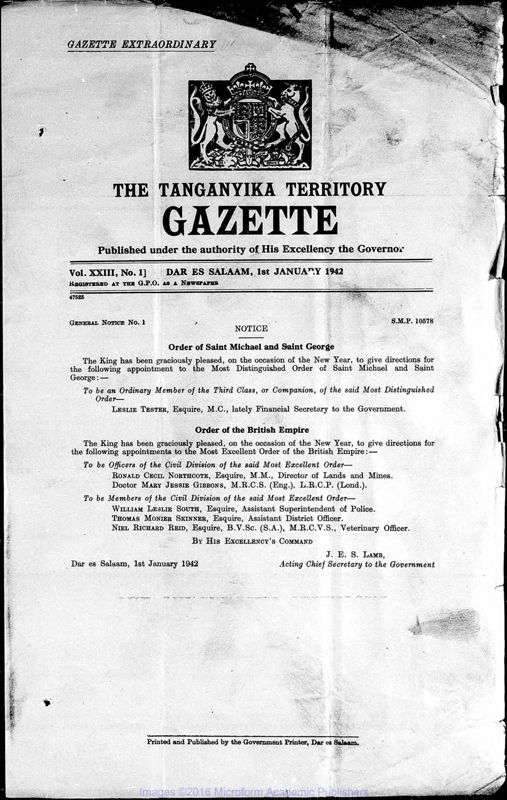 View document: Tanzania (Tanganyika) Gazette, 1942 with Supplements.