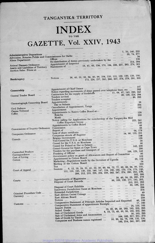 View document: Tanzania (Tanganyika) Gazette, 1943 with Supplements.