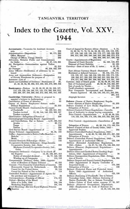 View document: Tanzania (Tanganyika) Gazette, 1944 with Supplements.