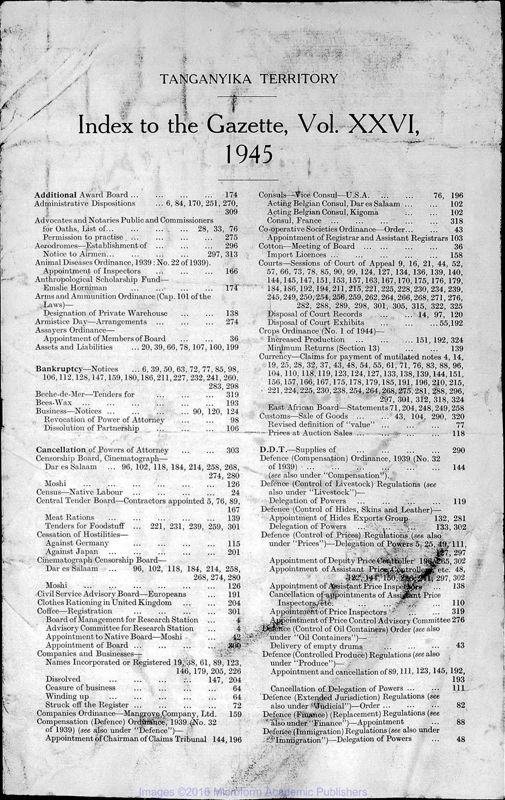 View document: Tanzania (Tanganyika) Gazette, 1945 with Supplements.