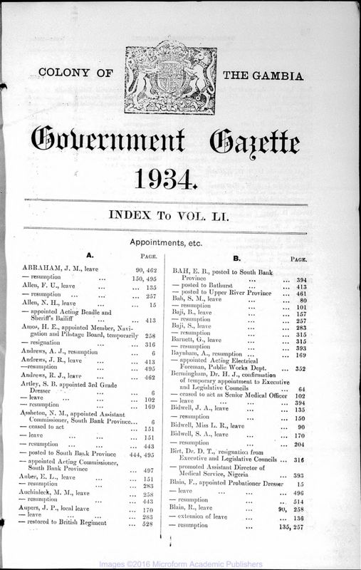 View document: Gambia Gazette with Supplements, 1934-1935.