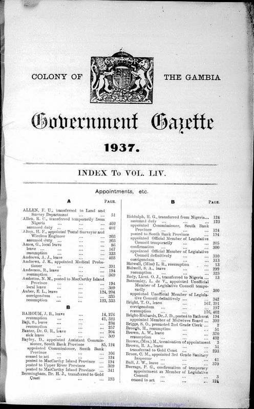 View document: Gambia Gazette with Supplements, 1937.