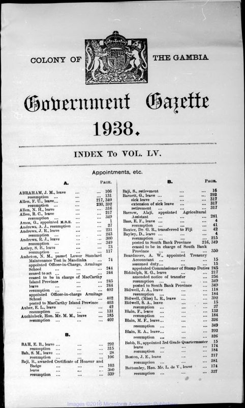 View document: Gambia Gazette with Supplements, 1938.