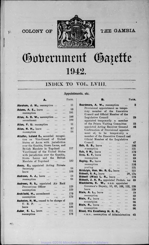 View document: Gambia Gazette, 1942-1943.