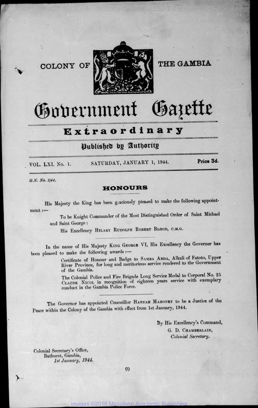 View document: Gambia Gazette, 1944-1945.