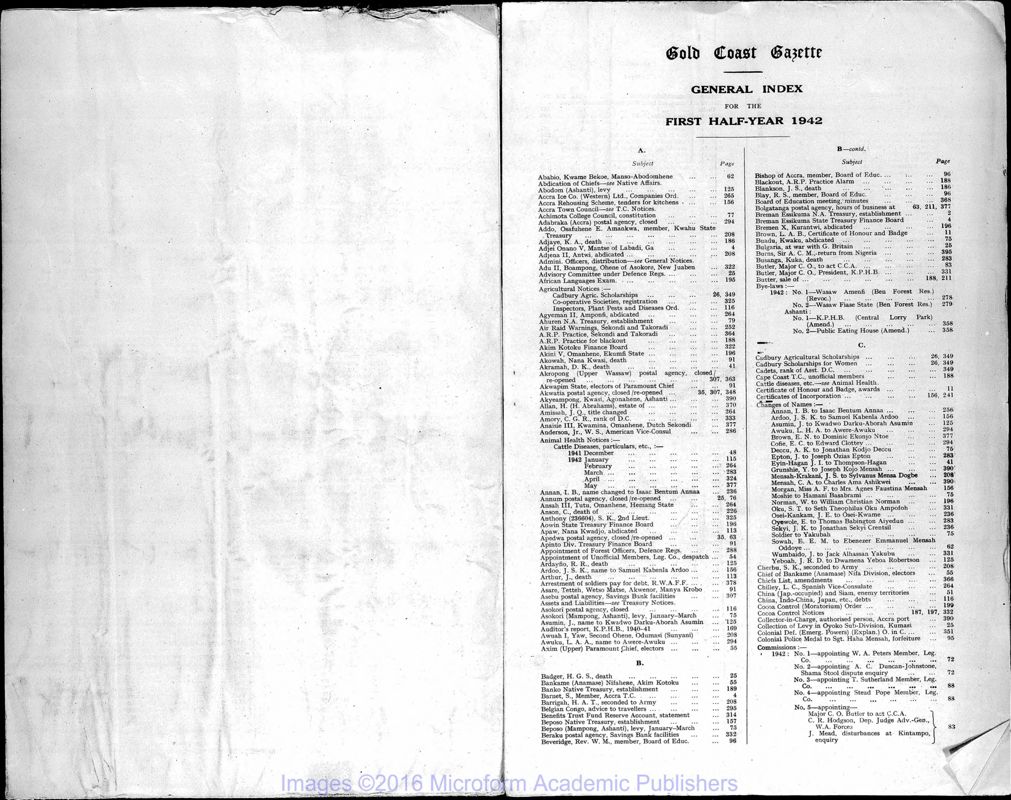 View document: Ghana (Gold Coast) Gazette, 1942 with Supplements.