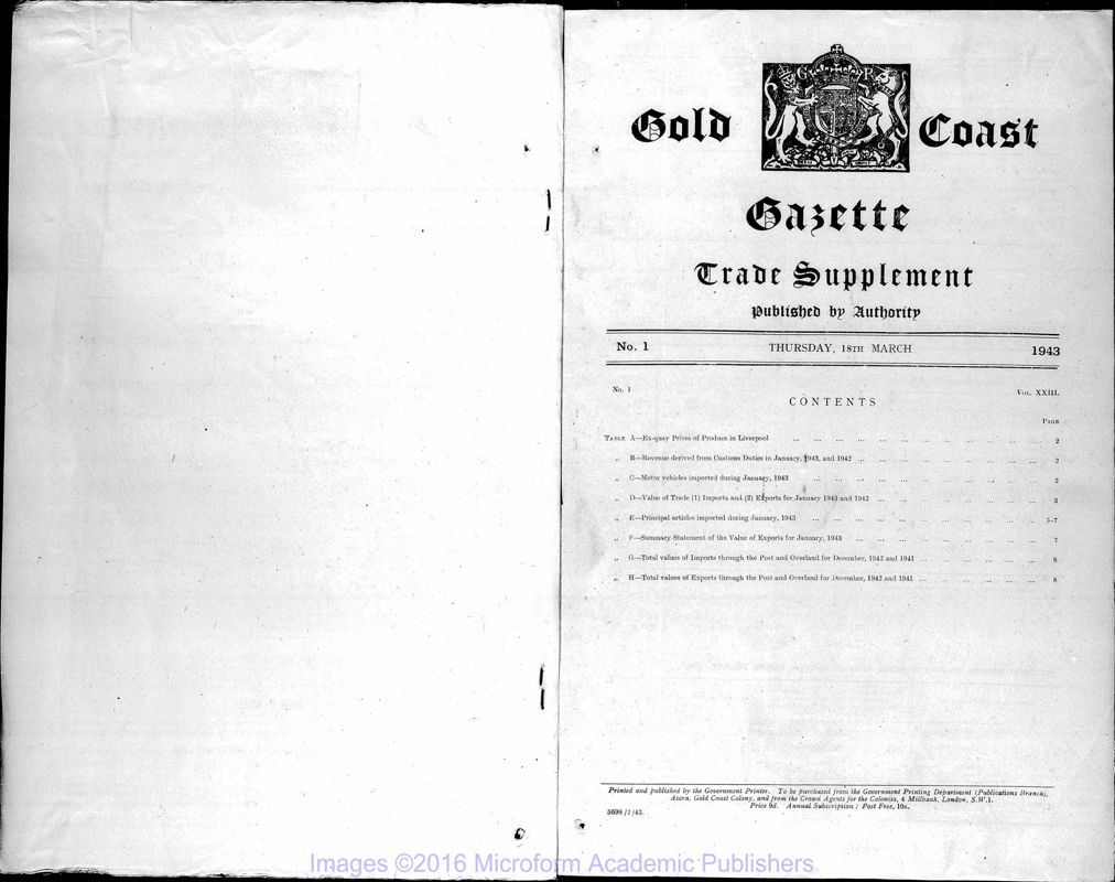 View document: Ghana (Gold Coast) Gazette, 1943 with Supplements.