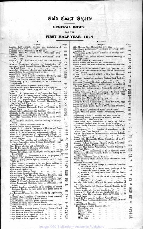 View document: Ghana (Gold Coast) Gazette, 1944 with Supplements.