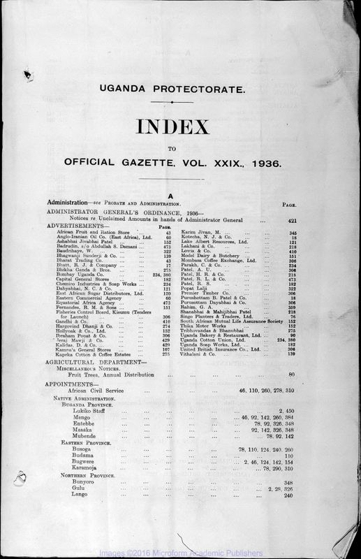 View document: Uganda Gazette with Supplements, 1936.