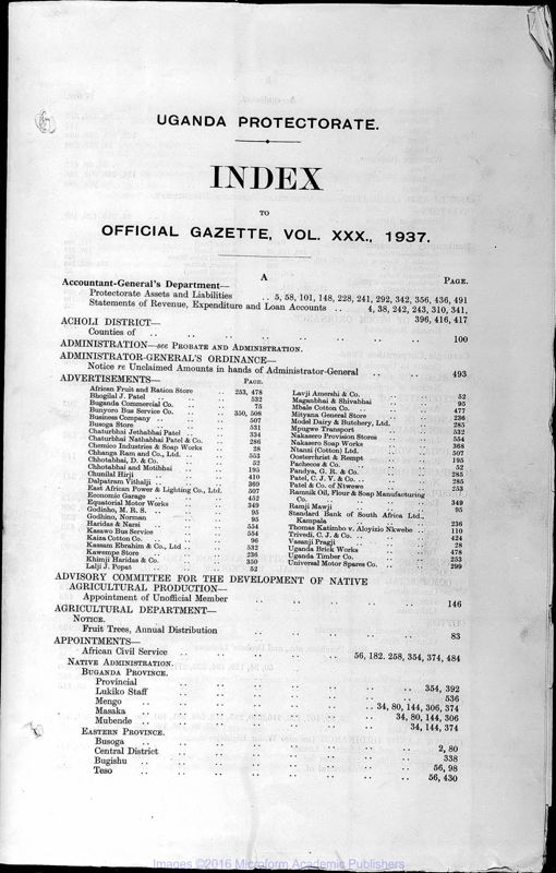 View document: Uganda Gazette with Supplements, 1937.