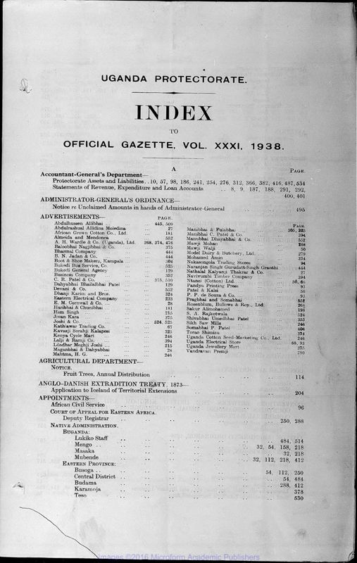 View document: Uganda Gazette with Supplements, 1938.