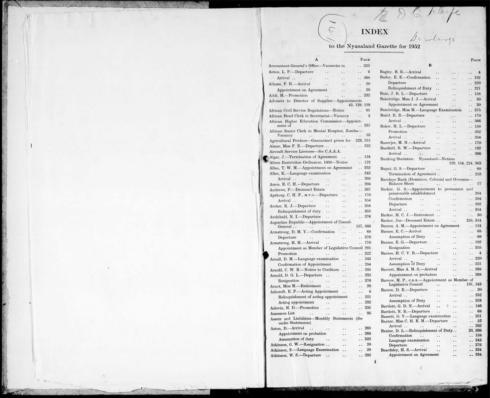 View document: Nyasaland Gazette 1952-1953.