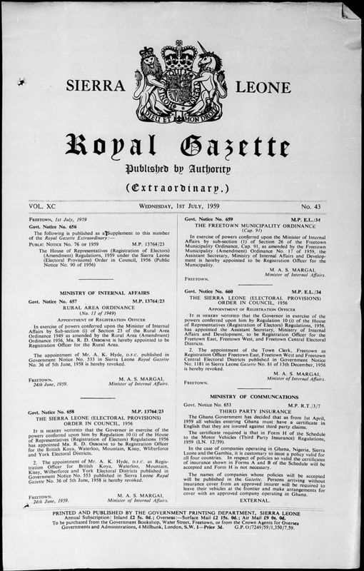 View document: Sierra Leone Gazettes with Supplements, 1959 Jul-Dec.