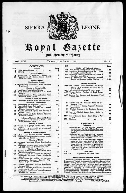 View document: Sierra Leone Gazettes with Supplements, 1961 Jan-Apr.