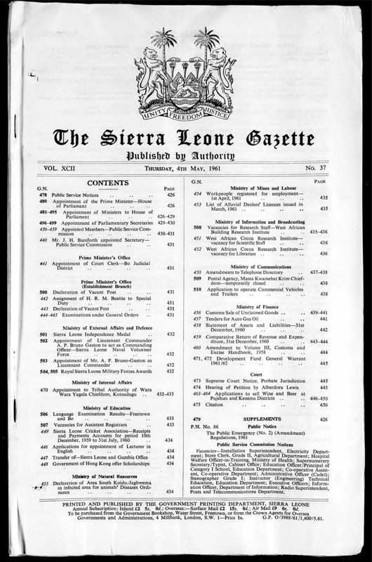 View document: Sierra Leone Gazettes with Supplements, 1961 May-Aug.