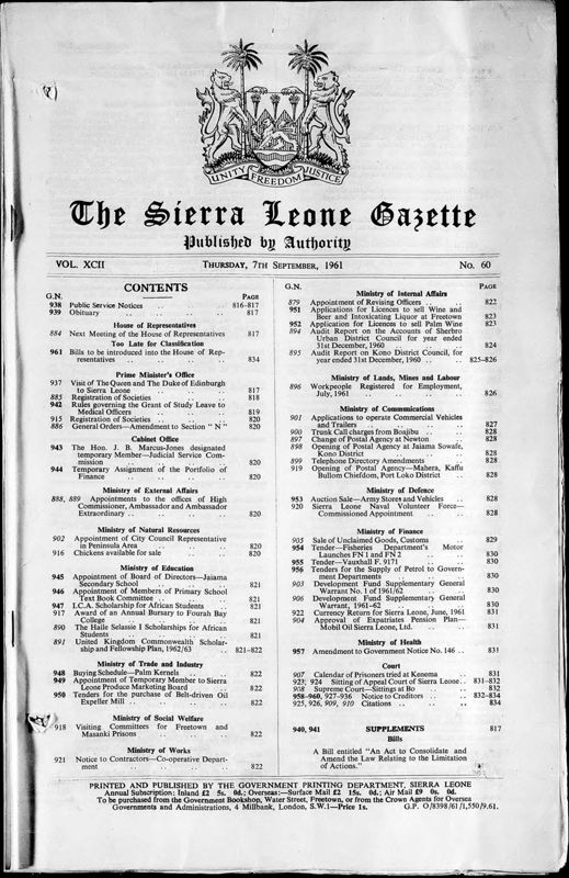 View document: Sierra Leone Gazettes with Supplements, 1961 Sep-Dec.