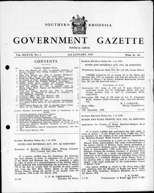 View document: Southern Rhodesia Gazette, 1959.