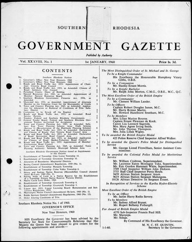 View document: Southern Rhodesia Gazette, 1960.