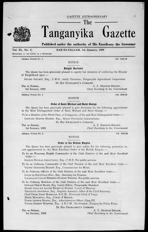 View document: Tanganyika Gazette with Supplements, 1959.