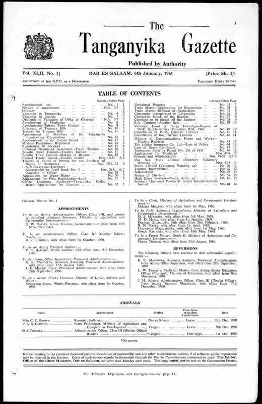 View document: Tanganyika Gazette with Supplements, 1961.