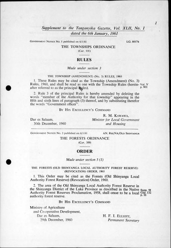 View document: Tanganyika Gazette Supplements cont., 1961.