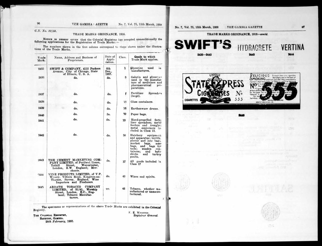 View document: Gambia Gazette, 1958.