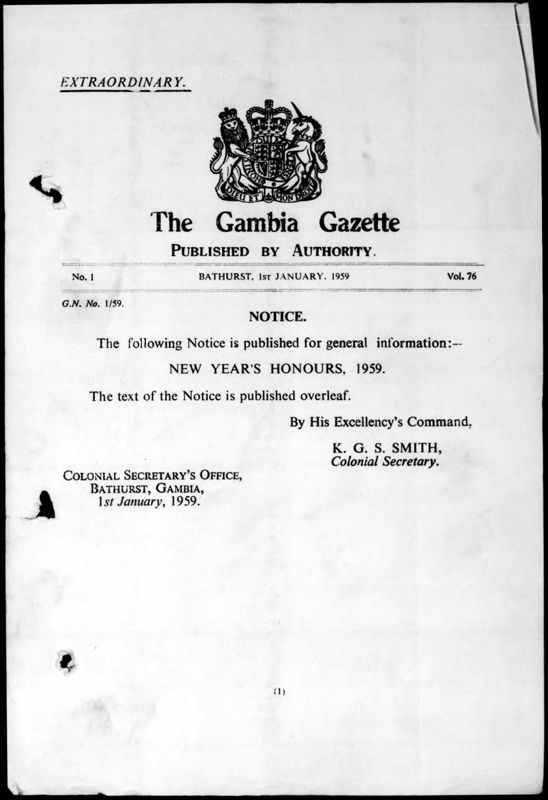 View document: Gambia Gazette, 1959.