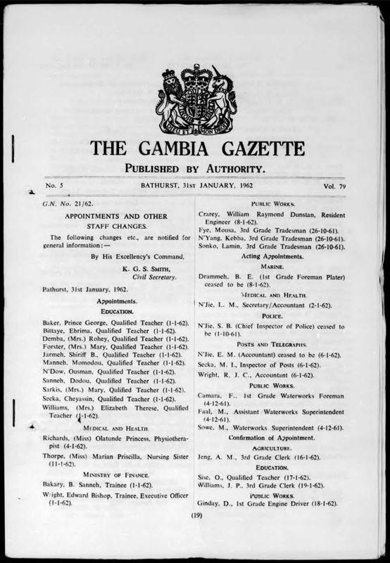 View document: Gambia Gazette, 1962.