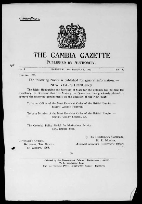 View document: Gambia Gazette, 1963.