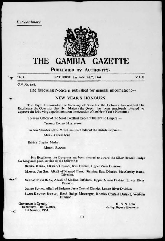 View document: Gambia Gazette, 1964.