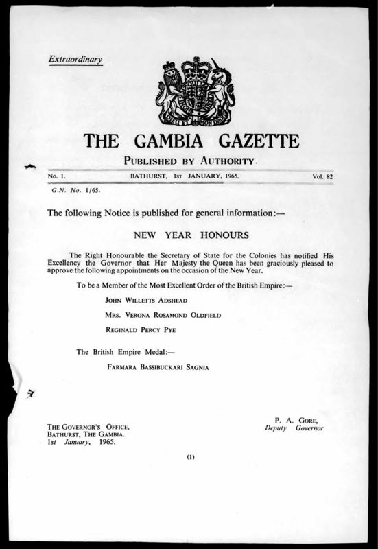 View document: Gambia Gazette, 1965.
