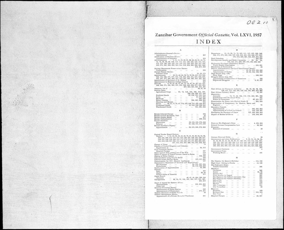View document: Zanzibar Gazette with Supplements, 1957.