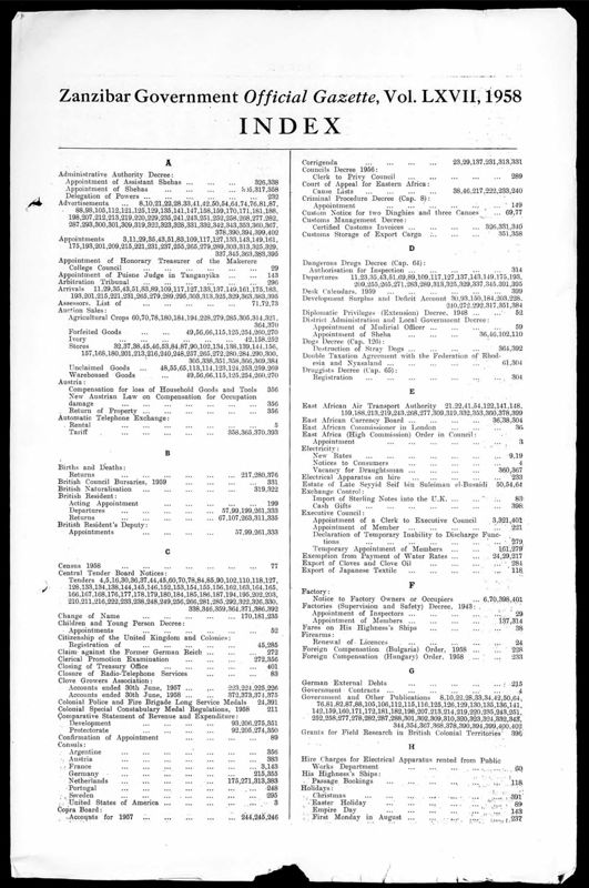 View document: Zanzibar Gazette with Supplements, 1958.