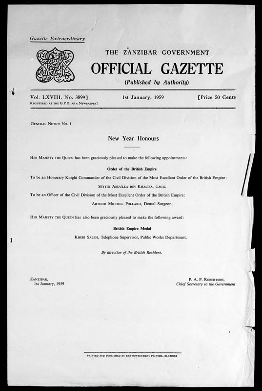 View document: Zanzibar Gazette with Supplements, 1959.