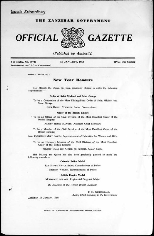 View document: Zanzibar Gazette with Supplements, 1960.