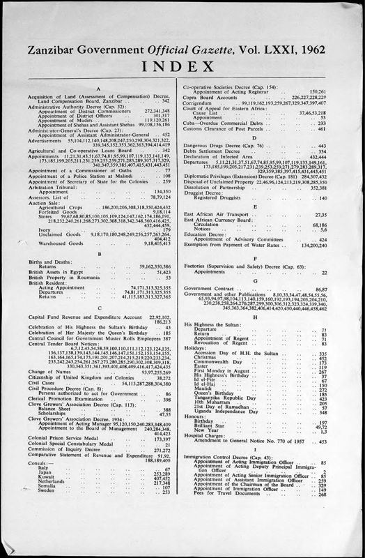 View document: Zanzibar Gazette with Supplements, 1962.
