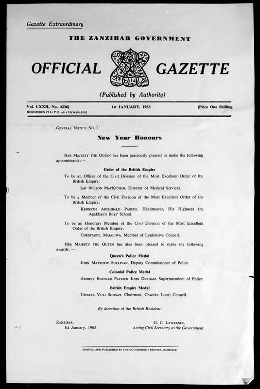 View document: Zanzibar Gazette with Supplements, 1963.