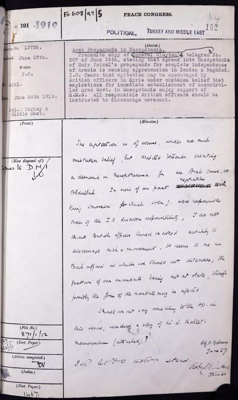 View document: Foreign Office records on Bolshevism, Pan-Islamic movement, Zionism in the Middle East, 1919-1920.