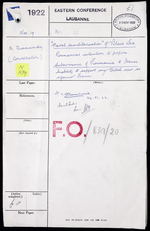 View document: Foreign Office records on Turkish disarmament and demilitarisation of the Black Sea, 1922-1923.