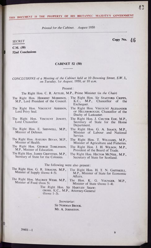 View document: CAB 128/18/12 - Record Type: Conclusion. Former Reference: CM (50) 52..