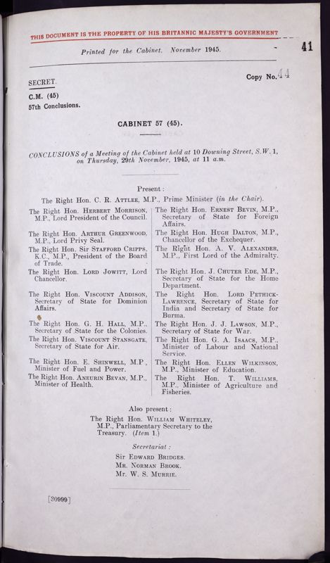 View document: CAB 128/2/10 - Record Type: Conclusion. Former Reference: CM (45) 57..