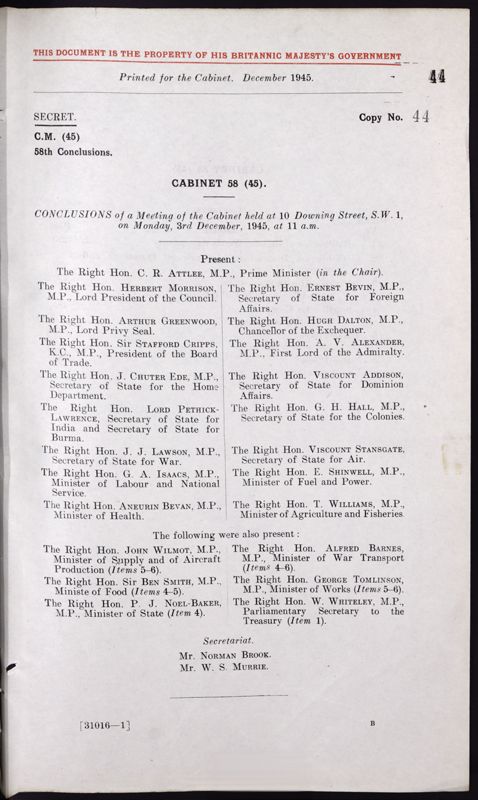 View document: CAB 128/2/11 - Record Type: Conclusion. Former Reference: CM (45) 58..