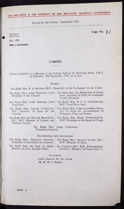 View document: CAB 128/25/30 - Record Type: Conclusion. Former Reference: CC (52) 80..