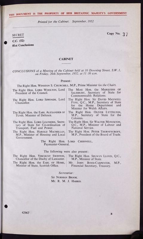 View document: CAB 128/25/31 - Record Type: Conclusion. Former Reference: CC (52) 81..