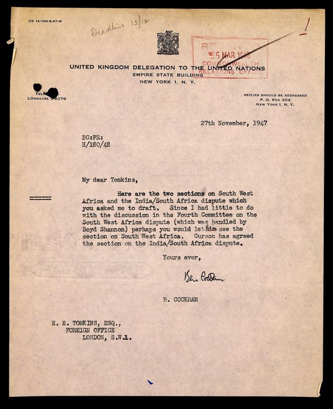 View document: DO 35/3753 - United Nations General Assembly, 1947: report on Second Session; India to raise question of treatment of Indians by South Africa, before the 1948 meeting in Paris., 1947-1948.