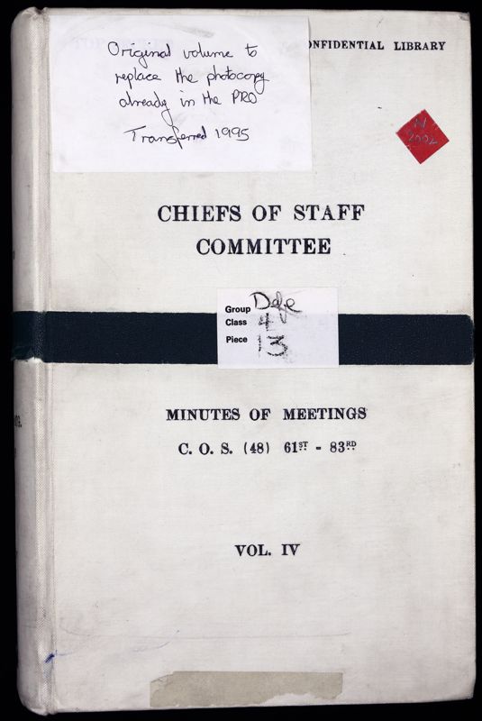 View document: DEFE 4/13/69 - Minutes of Meeting Number 69 of 1948. 1) Military Committee to The Five Powers and the Air Advisory Committee. 2) Stocks of Civilian Respirators. 3) German Police Force. 4) Egyptian Customs Agreement. 5) US Military exercises in Labrador. 6) Censorship. 7) Trieste - Violation of Inter Zone Boundary by Jugoslavs. 8) Palestine - return of Jewish Detainees from Kenya. 9) Flying Restrictions in Egypt. 10) Fighting Services Strategic Wireless Network. 11) Trieste - report of the administration of the British/United States Zone for the period 1st Jan to 31st Mar 1948, by Major Gen TS Airey. 12) Military Staff Committee - Paris Session of General Assembly. 13) Combined Operations - Appointments., 1948 May 21.